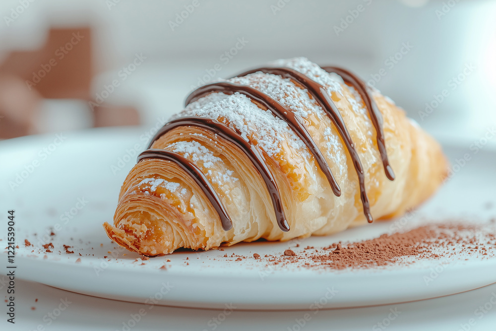 Wall mural Delightful chocolate croissant served on a white plate garnished with powdered sugar and cocoa powder