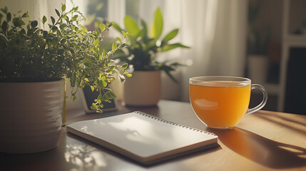 A modern minimalist desk setup with plants a notebook and a cup of herbal tea creating a clean tech-free work environment that promotes mental clarity and focus