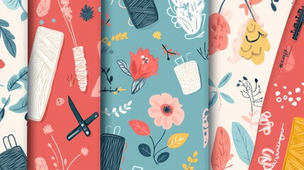 Colorful floral fabric patterns featuring sewing tools