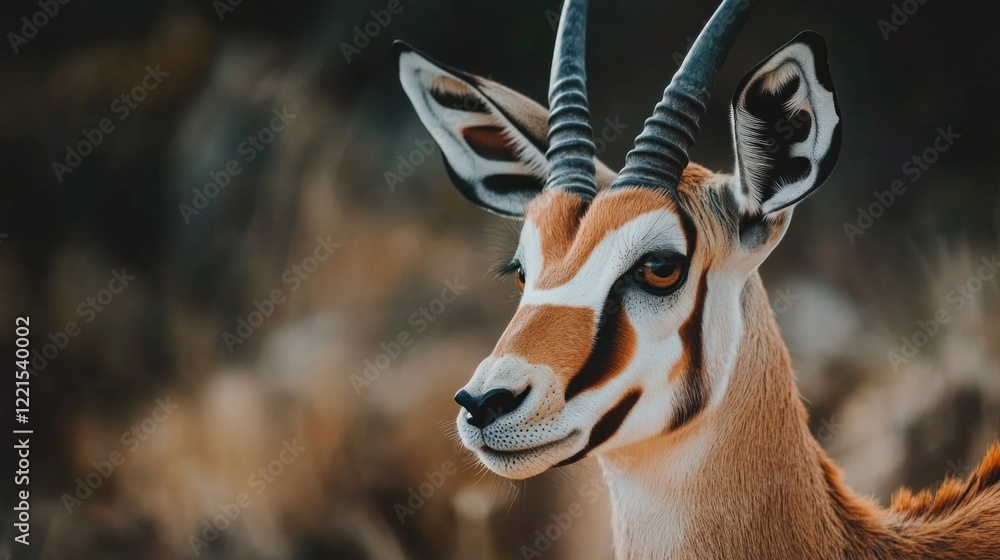 Poster a close-up view of an antelope's face with distinctive markings and features