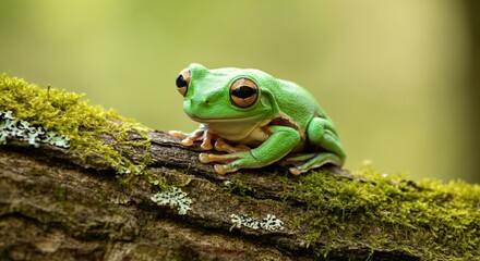 Green frog resting on a mossy log in a serene natural setting