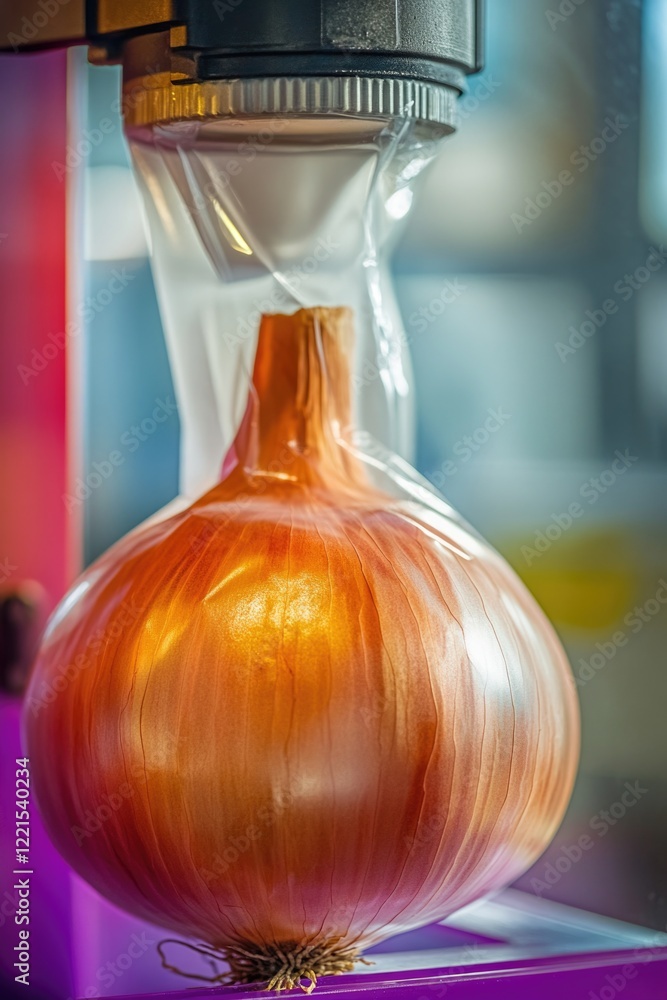Aufkleber a close-up view of an onion sitting on top of a machine used in food processing, great for use in ar