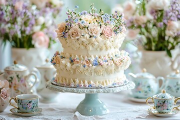 Fototapeta premium A vintage tea party featuring an intricately designed cake with floral piping and elegant teapots