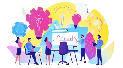 Professionals Engaged in a Collaborative Meeting at a Modern Office Space Discussing Project Ideas and Strategies With a Presentation on a Large Screen