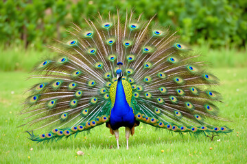 Obraz premium Peacock displaying vibrant feathers in grassy meadow