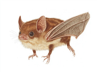 Lesser Horseshoe Bat (Rhinolophus hipposideros) - A detailed hand-drawn depiction featuring its small frame, distinctive nose leaf, and delicate wings, isolated on a clean white background