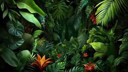Fototapeta premium A lush jungle background filled with dense trees, cascading vines, and vibrant flowers