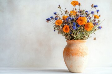 Rustic terracotta vase filled with a vibrant bouquet of orange calendula and blue cornflowers.