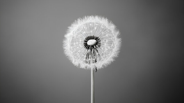 Close-up of a dandelion seed head against a neutral gray background.  Delicate details and texture are visible.