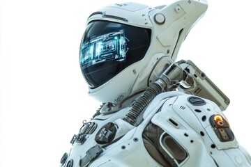 Naklejka premium Close-up shot of a person's face and helmet in a space suit, with a serious expression