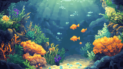 A vibrant pixel art scene featuring golden fish, lush corals, and diverse aquatic plants, portraying the lively essence of a coral reef ecosystem. ai generated. Golden Reef. Illustration