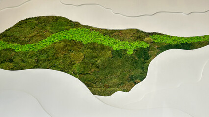 Green Moss Wall Art With Abstract White Panels, Modern Interior Decoration, Captured Indoors,...