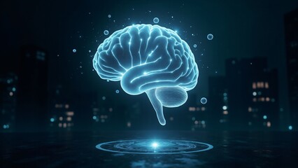 A multi-layered glass and metal brain radiating energy in a futuristic setting, with shimmering hues and a dark, atmospheric background.