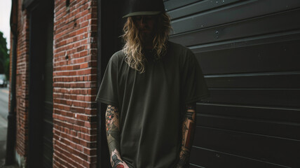 Naklejka premium Male model, with arm tattoos, wearing green blank labeled t-shirt. Ideal for logo placement. Ecommerce, product or branding background in modern style. 
