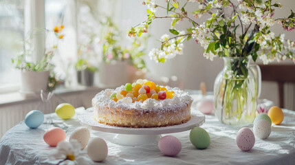 Bright easter dessert table with traditional italian cake, blooming flowers, and painted eggs celebrating spring festivity