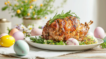 Deliciously roasted lamb on a festive easter table with colorful eggs and spring floral decor