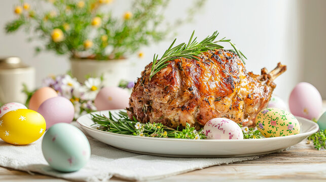 Deliciously roasted lamb on a festive easter table with colorful eggs and spring floral decor