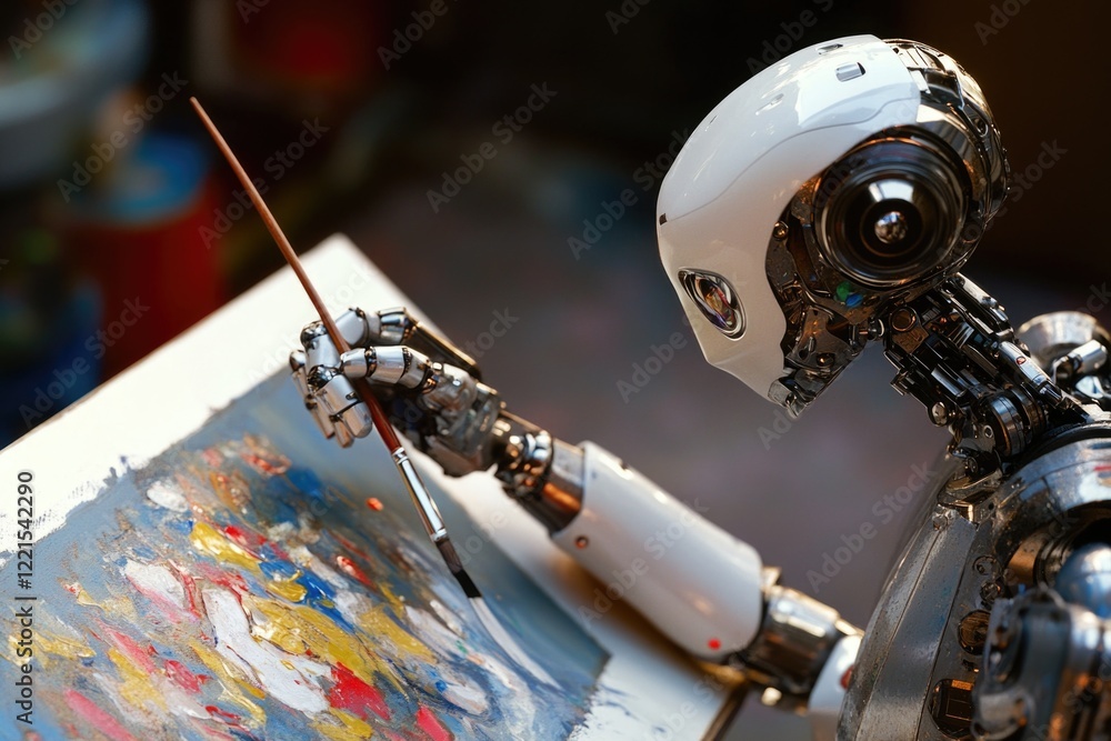 Poster a robot creating art on a canvas, a creative and innovative scene