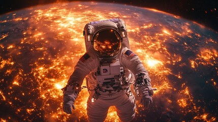 Astronaut stands near planetary surface, ready for exploration