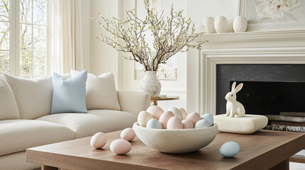 Elegant neutral living room with decorative easter elements and modern comfort