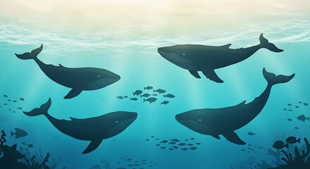 Obraz premium Majestic dark blue whales swimming gracefully in sunlit ocean depths with small fish schools and coral reefs, concept for marine life conservation, underwater exploration and nature documentary