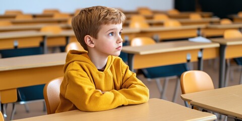 In an empty classroom a young boy sits alone at a desk with a sad expression. His body language conveys feelings of isolation and sadness related to bullying experiences in school