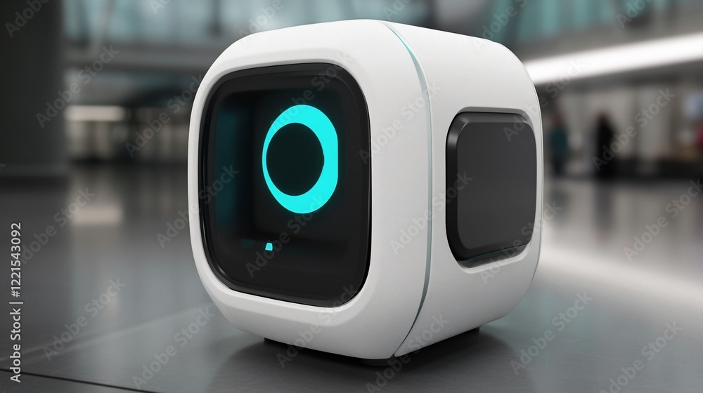 Poster futuristic cube device: sleek white design with cyan interface