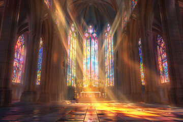 Obraz premium Stunning Church Interior with Illuminated Stained Glass Windows and Radiant Light Beams, Serene Atmosphere and Architectural Detail