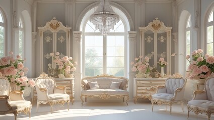 A light and airy interior with elegant seating and floral arrangements.