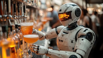 A robot holding a glass of beer, perfect for sci-fi or futuristic themed projects