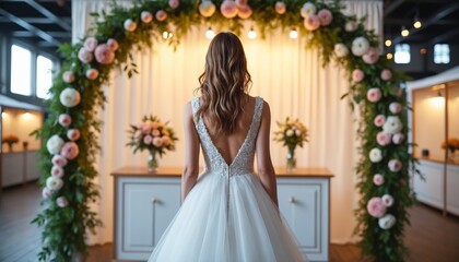 Bride in elegant wedding dress standing under floral arch