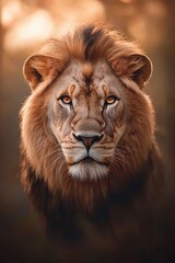 Obraz premium A majestic lion staring directly at the camera, its golden mane glowing in the sunlight