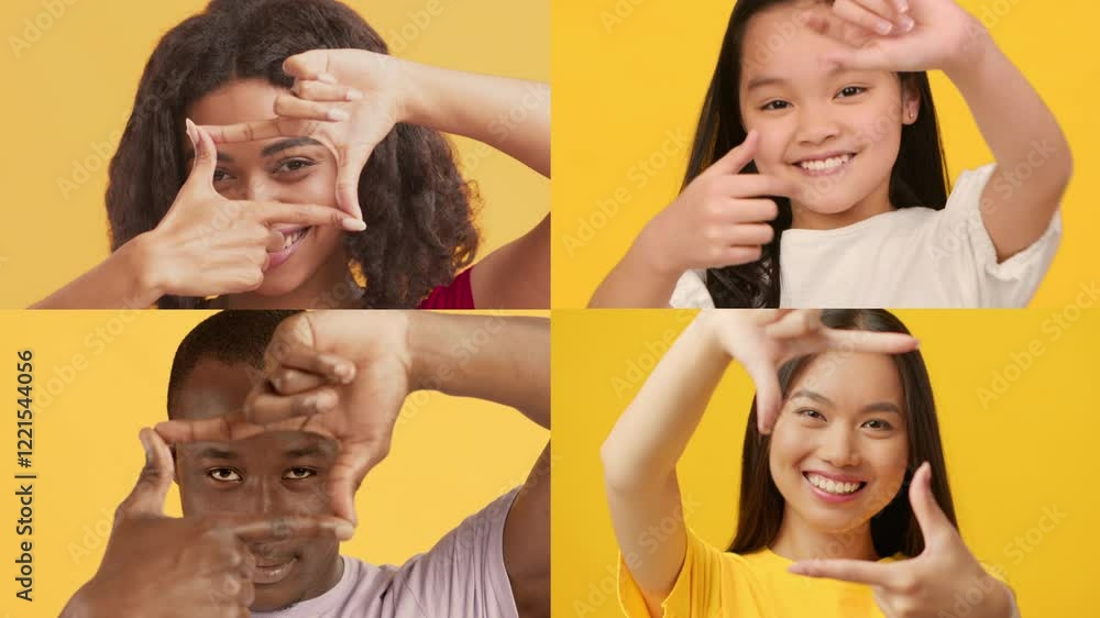 Poster Four individuals from different backgrounds create frame gestures with their hands, showcasing joy and connection against a bright yellow backdrop.