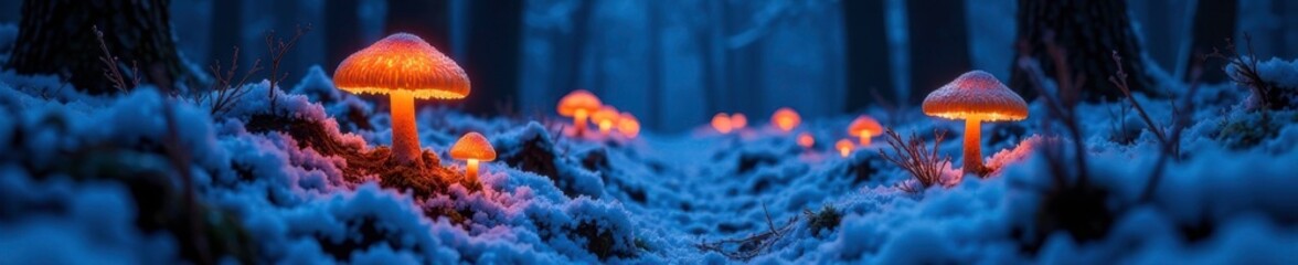 Glowing mushrooms illuminate a frozen forest path, luminescent, mystifying, otherworldly
