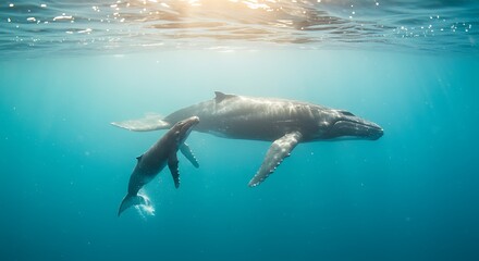 Obraz premium Stunning deep sea view of a mother whale and her calf.