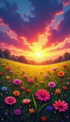 Blazing sunset hues paint vibrant wildflowers in a sprawling meadow , twilight, vast
