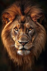 Fototapeta premium A majestic lion staring directly at the camera, its golden mane glowing in the sunlight
