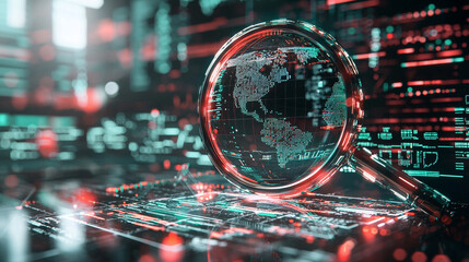 Abstract Digital Globe Under Magnifying Glass Red Teal Data Streams