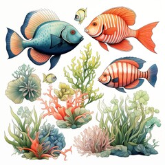 Naklejka premium Vibrant watercolor illustrations of marine life featuring colorful fish and coral reefs