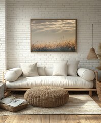 Cozy Living Room Featuring a White Sofa, Rustic Coffee Table, and Textured Decor in a Bright, Inviting Space