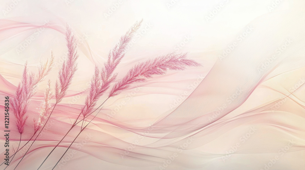 Poster soft abstract background with swirling patterns and pink feathers. concept of serenity, minimalism, 