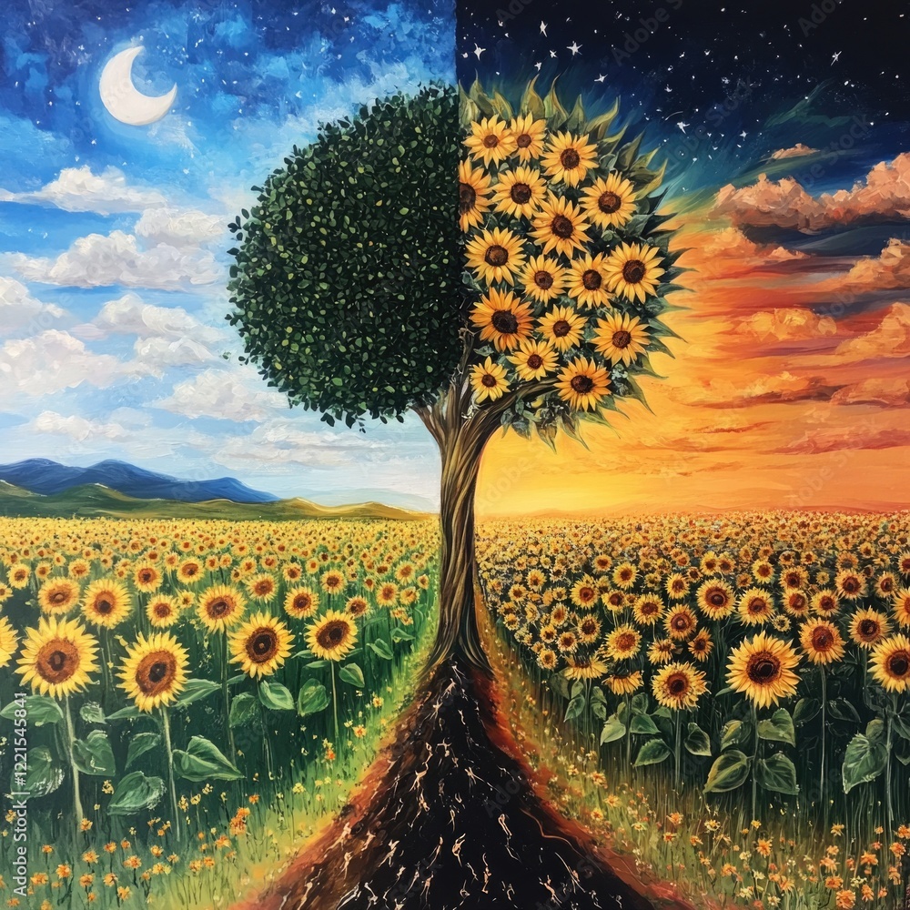 Poster a sunflower field with a tree in the background