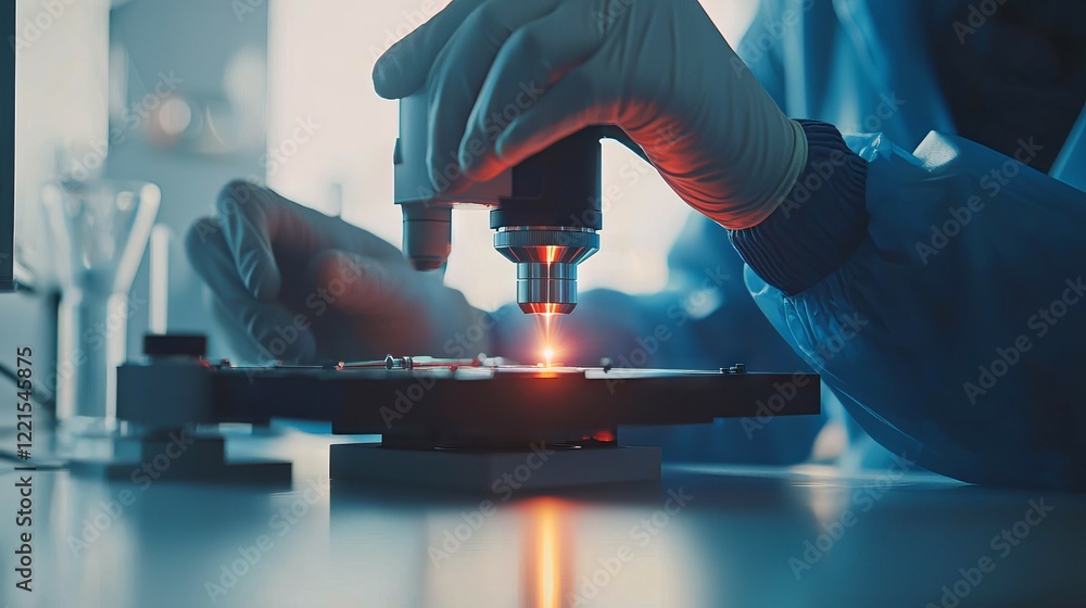 Aufkleber close-up of a scientist examining a sample under a high-powered microscope in a cutting-edge laborat