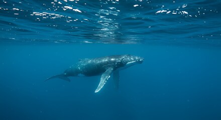 Fototapeta premium Majestic enormous humpback whale gracefully swimming in deep clear blue ocean water with sunlight reflecting, concept for marine life conservation, underwater exploration and environmental awareness.