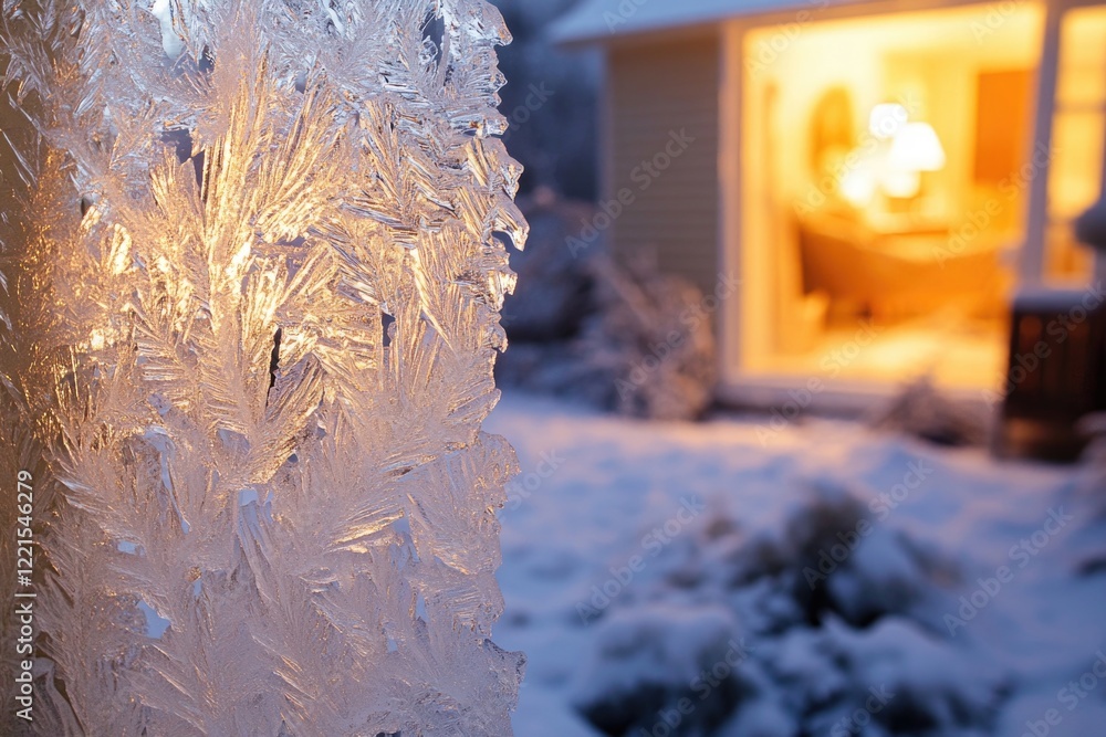 Poster a close-up view of a frost-covered window with intricate ice crystals