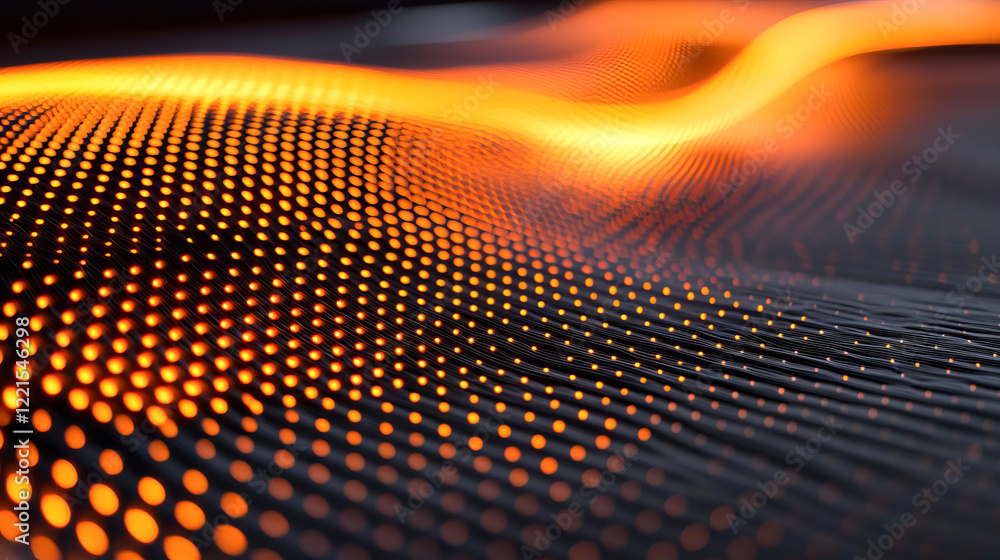 Poster dynamic abstract art background with flowing orange and black dots curves concept of quantum science