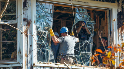 Repairing shattered windows after storm damage, workers show determination