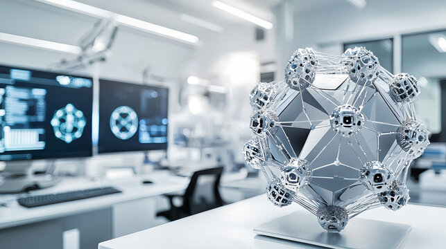 Futuristic laboratory with geometric quantum device in foreground, surrounded by computer monitors displaying intricate scientific data. Concept of quantum science, innovation, advanced technology