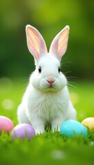Little white bunny sits amidst pastel Easter eggs on lush green lawn , joyful, background