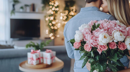Romantic Caucasian couple embracing with pink and white floral bouquet in cozy holiday-decorated living room. Concept of love, intimacy, festive celebration, holiday romance. Valentine's Day